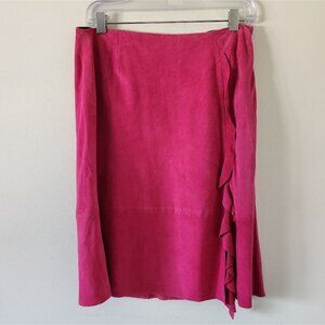 NWT DEANE & WHITE | 100% leather suede skirt front ruffle slit fuchsia pink sz 8